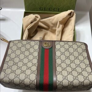 Gucci Beige and Brown Monogram Clutch with Green and Red Stripe